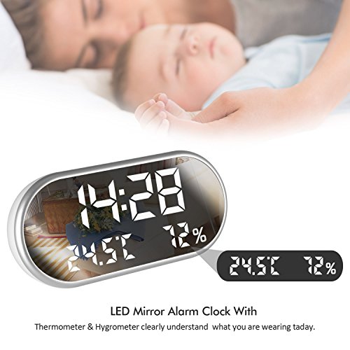 Digital Alarm Clock, Portable Mirror HD LED Display with Time/Humidity/Temperature/Display Function, 3 Brightness Adjustment, Dual USB Port Charging, Suitable for Bedroom, Office, Travel