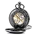 TREEWETO Mens Antique Mechanical Pocket Watch Lucky Dragon Hollow Double Case Skeleton Dial with Chain + Box