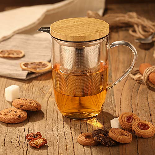 ecooe 440 ml Glas Teetasse Borosilikat Teebecher Teeglas mit Ultrafein 18/8 Edelstahlsieb Natürlicher Bambus Deckle Verdickter für Kaffee Saft Kohlensäurehaltige Getränke Milch Joghurt – Bild 7