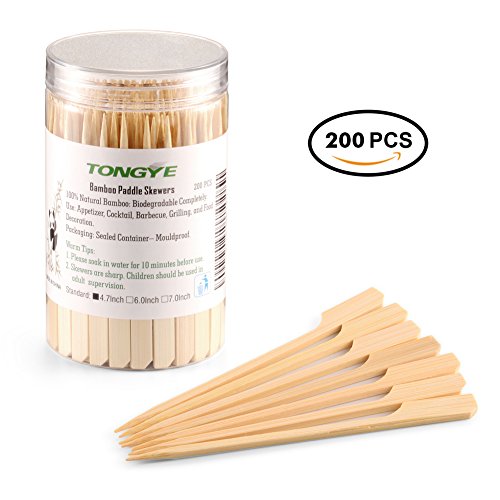 Bamboo Paddle Skewers 4.7 Inch with Clear Cylinder, Premium Cocktail Picks, Barbecue Stick. Decoration for Party Food, Appetizer, Dessert, Fruit, Sausage, Burger, Prawn, Kebab. (200PCS Natural Color)