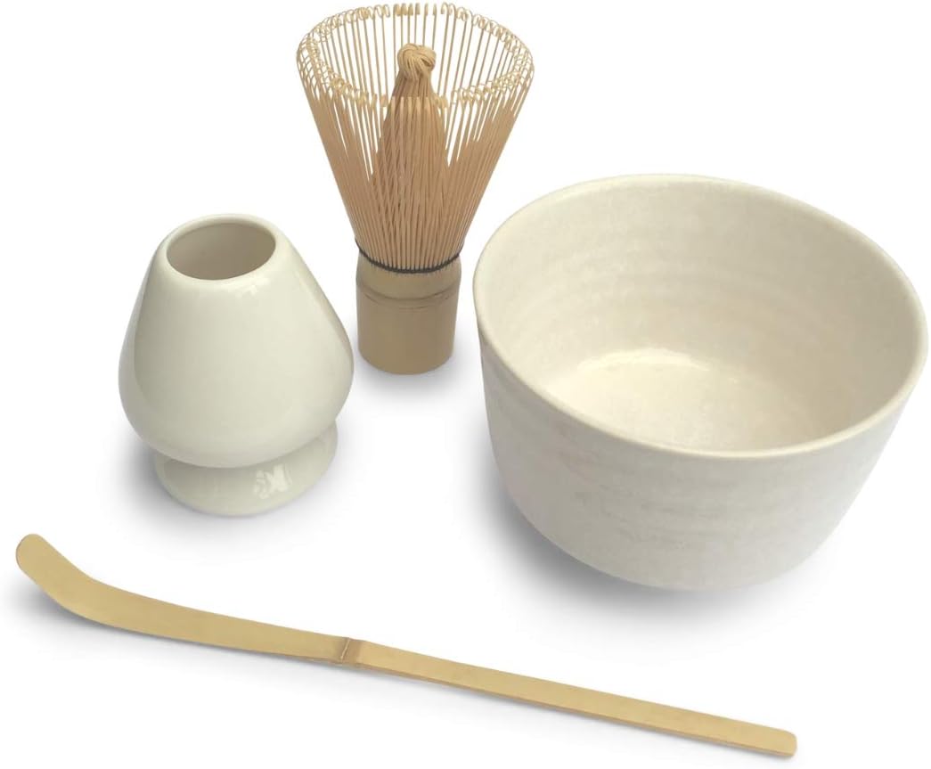 Matcha Tea Bowl Gift Set (4 Piece), Consisting of Matcha Bowl - Tokyo White, Matcha Bamboo Whisk, Ceramic Whisk Holder - White and Matcha Bamboo Spoon - Japanese Matcha Tea Ceremony Set