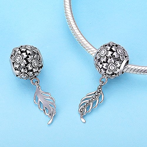 BAMOER Daisy Flower Charm 925 Sterling Silver Daisy Feather Dangle Pendant Charm for DIY Snake Chain Bracelet Women Gift - Thumbnail 3