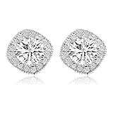Cat Eye Jewels Halo Cubic Zircona Stone S925 Sterling Silver Stud Earrings with AAA Square CZ Setting HN-E