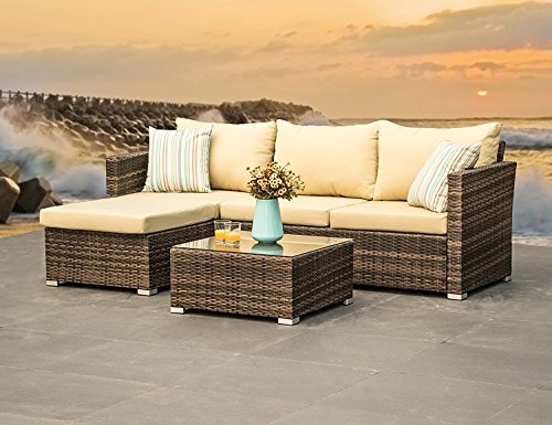 Outdoor Patio Furniture Wicker Sectional Sofa – 4-seater All Weather Deep Seating Set, Bei ...