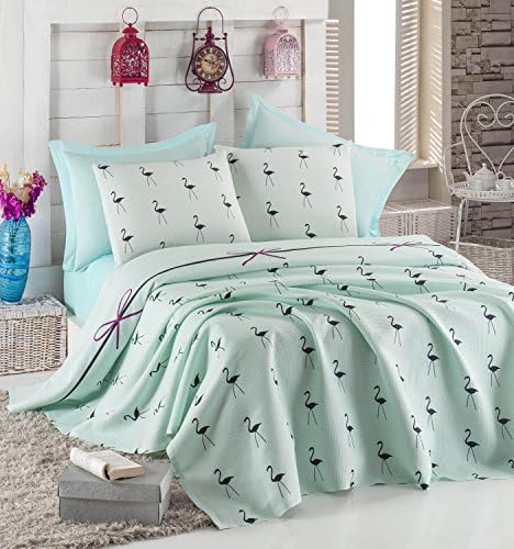 DecoMood Birds Bedding, Birds Flamingo Themed Bedspread Coverlet (Pique) Set, 100% Cotton, Single/Twin (3 PCS) and Full/Queen Size (4 PCS), Mint.