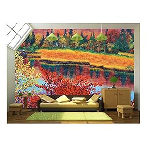 River in Fall Oil Painting on Canvas - Removable Wall Mural | Self-Adhesive Large Wallpaper - 66x96 inches