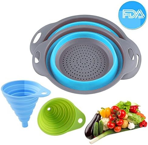 Collapsible Kitchen Colander/Strainer Set, Food-Grade Silicone kitchen Strainer Space-Saver Folding Strainer Colander and Funnel - YUWANTING Set of 4 (Blue)