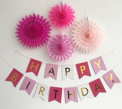 Bachelorette party Gold Foiled Happy Birthday Bunting Banner with 3d pinwheel fan decoration, Birthday Decorations, Bunting Birthday Banner