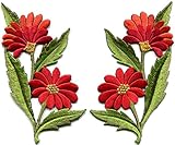 Red orange daisies pair flowers floral bouquet boho embroidered appliques iron-on patches new