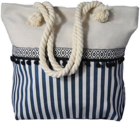 Large Cotton Beach Bag Tote, Zipper Top Rope Handles beach bag, Quality fabric + Exquisite decoration+ Pure hand-woven linen rope