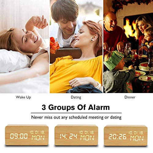 Led Digital Analog Alarm Clocks, Wooden Travel Clock with Time/Date/Week/Temperature/USB Desk Shelf Clocks, Sound Control 3 Levels Brightness 3 Loud Alarm for Heavy Sleepers Bedrooms Kids Girls Teens