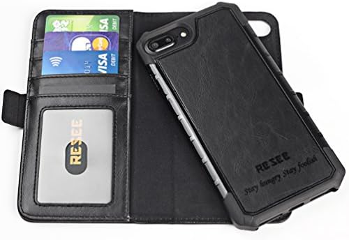 Magnetic Iphone 6 Plus/6S Plus/7 Plus Leather Wallet Case [Detachable 2 in 1 Cover], Resee Card Holder Case, Shock Absorption Hard Covers -Black