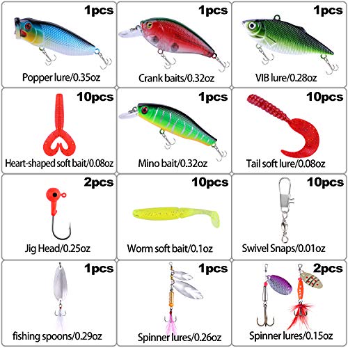 TOPFORT 51Pcs Fishing Lures Kit Set for Bass,Trout, Salmon Including Fishing Spoon,Soft Plastic Worms, CrankBait, VIB Lures, Popper Lures, Minnow Lures, Jig Hooks,Topwater Lures with Tackle Box