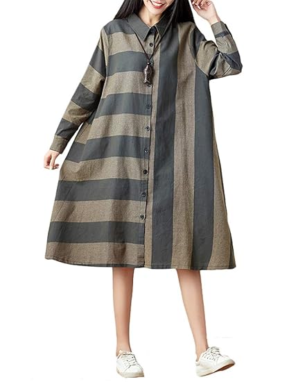 Vogstyle Damen Frühjahr Striped Linen Polo Kragen Front Button Kleid Blusen