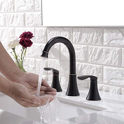 Friho Lead-Free 2 Handle 3 Holes Lavatory Vanity Oil Rubbed Bronze Bathroom Faucet, Bathroom Vessel Sink Faucet with Water Hoses and Pop Up Drain Stopper