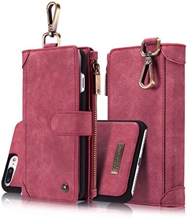 iPhone 7 Plus Case,HIPICB Movement Series Handmade Premium Leather Wallet Phone Case,[Carabiner][Credit Card Slot] [Detachable Magnetic Case] [Wallet]Zipper Storage for iPhone 7 Plus 5.5 inch (Red)
