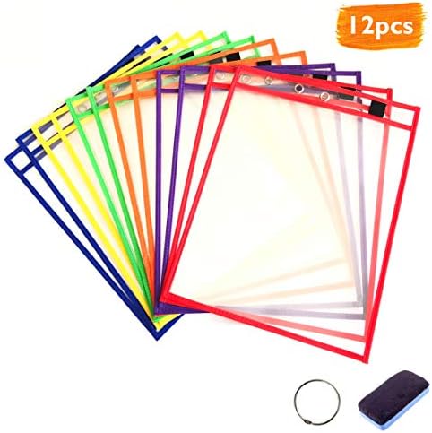 Stiko Reusable Dry Erase Pocket 12pcs - 10" x 13" Oversized Multicolor Sheet Protector + Eraser + Ring for Office and Classroom