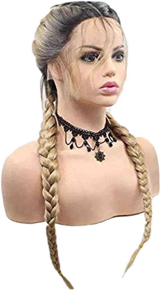 Golden White Blonde Braided Wigs for Women Double Braids Long Synthetic Lace Front Wig with Baby Hair Dark Roots Cheap Glueless Heat Resistant Fiber Hair Wig for Party Cosplay Wig 22inch - Image 5