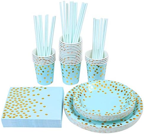 CYLNVG 150pcs Blue Gold Disposable Paper Dinner Plate Cup Napkins Straw Cutlery Set For Birthday Party Baby Shower Wedding Decor - Serve 25 Guests