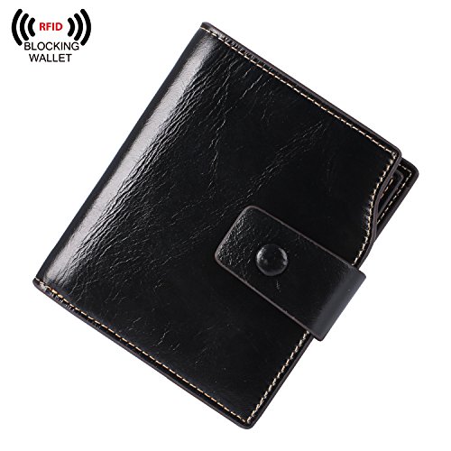 BIG SALE-AINIMOER Women's RFID Blocking Leather Small Compact Bi-fold Zipper Pocket Wallet Card Case Purse (Waxed Black)