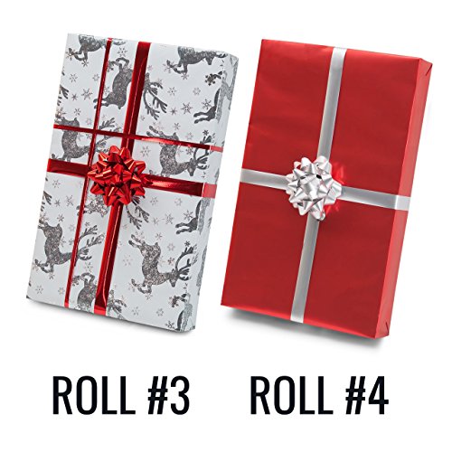 Red + Silver Designer Wrapping Paper Set: 4 Rolls (6 Designs) of Premium Gift Wrap (75 sq. ft.) with 30 Coordinated Bows, 5 Ribbons, and 24 Gift Tags with Bonus Euro Tote and Tissue Paper - Thumbnail 7