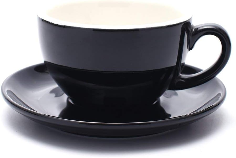 CoffeezoneLatte Art Cup and Saucer for Latte & Cappuccino New Bone China, Mate for Coffee Shop and Barista (Glossy Black, 10.5 oz)