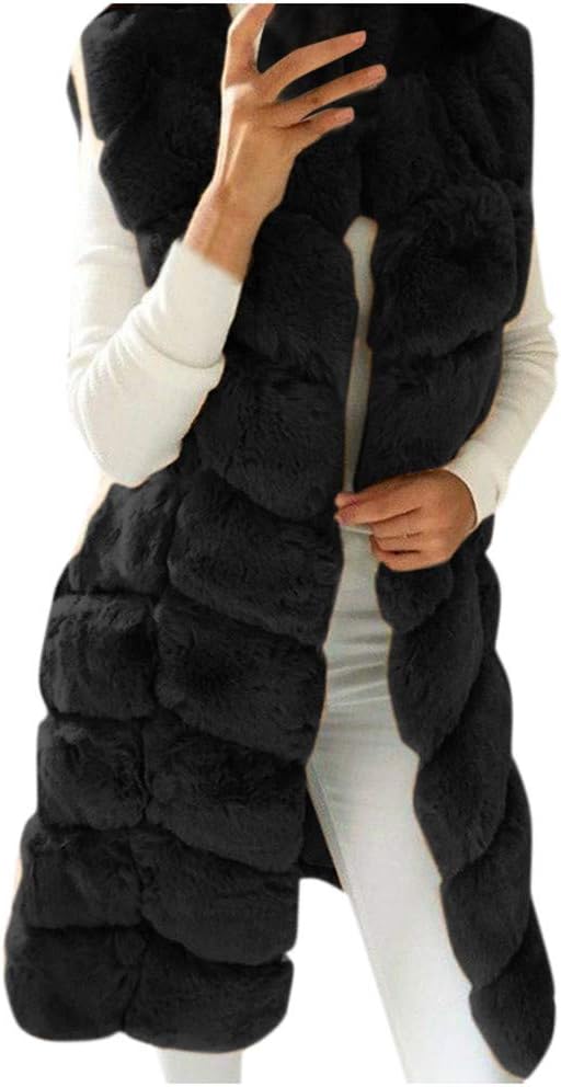 Womens Faux Fur Long Vest Plus Size Sleeveless Plush Waistcoat Winter Warmer Jacket Coat Outwear Gilet