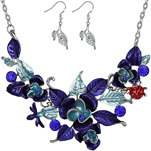 LWLH Fashion White Gold Plated Vintage Crystal CZ Flower Bee Leaf Earings Collar Necklace Set Silver Blue