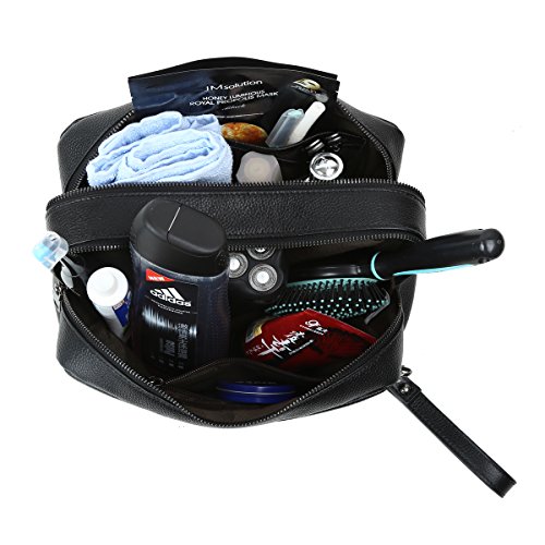 Leathario leather toiletry bag for men Travel Hanging genuine leather Two-layered storage sections organizer black