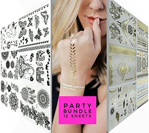 More than +100 Temporary Tattoos individual designs [12 Sheets] Metallic Temporary Tattoo in Gold Silver and Black