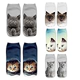 Womens Girls 3D Novelty Colorful Funny Cat Dog Food Ankle Socks, Crazy Cute Cartoon Low Cut Socks Value Pack (Cat-5 pairs)