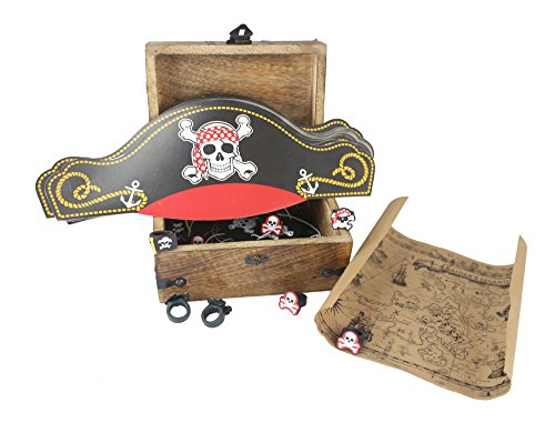 WellPackBox Pirate Birthday Party Supplies Wood Treasure Chest, Hats, Eye Patches, Rings and Treasure Map (Wood Chest)
