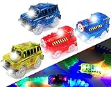 [4-Pack] Light Up Track Replacement Race Cars + Trains Toy | Glow in The Dark Racing Track | w/ 5 LED Lights | Independent & Track Play| Track Accessories Compatible with Most Tracks for Boys & Girls