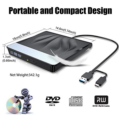 VersionTECH. External CD DVD Drive USB 3.0 Type-C Portable Superdrive Burner Player Writer CD DVD +/- RW, Compatible with Windows 10 8 7 XP Vista Mac OS System for Mac Pro Air iMac Laptop