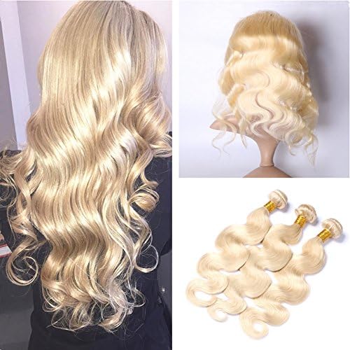 Ruma Hair Platinum Blonde 360 Lace Frontal Closure With Bundles #613 Bleach Blonde Body Wave Brazilian Virgin Human Hair With Pre Plucked 360 Full Lace Band Frontals (14+16 18 20)