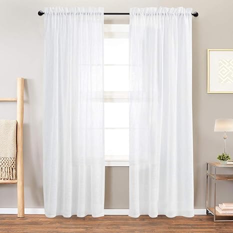 Amazon Com Vangao Linen Textrued Sheer Curtains For Living Room 95 Inches Length Semi Sheer For Bedroom Light Filtering Voile Rod Pocket Drapes 1 Pair White Kitchen Dining