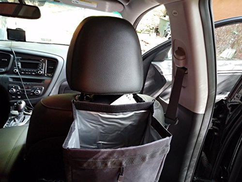 MAXSA Waterproof, leakproof Car Trash bin with Velcro closure to eliminate odors, mounts on headrest or armrest, litter locker, black, 21520