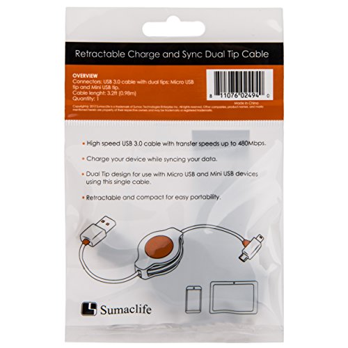 SumacLife 3.2-Feet (0.97M) Retractable USB 3.0 to Dual Tip Micro and Mini USB Charge and Sync Cable