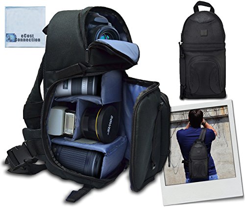 Deluxe Digital Camera/Video Sling Style Shoulder Bag for Canon, Nikon D300, D300S, D3000, D3100, D3200, D3300, D5000, D5100, D5200, D5300 & More & an eCostConnection Microfiber Cloth