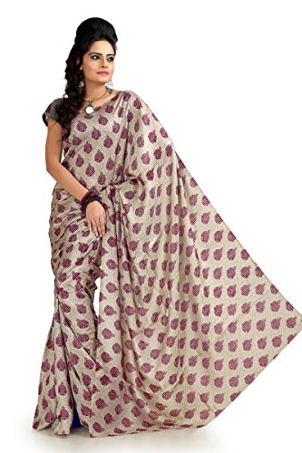 Designersareez Women's Khadi Silk Printed Saree Free Size Cream / Magenta