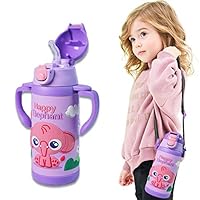 Kids Water Bottle With Straw Cute Elephant Thermoses Stainless Steel Insulated Vacuum Cup BPA Free Spillproof Thermal Water Cup For Girls School Lunch - With Handle And Shoulder Strap (Elephant)