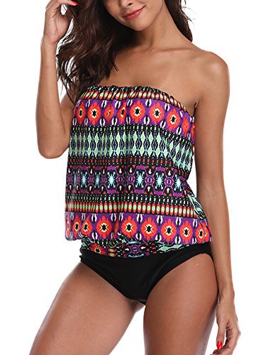 Chenghe Women Blouson Tankini Top High Waist Moderate Bottom Two Piece Swimsuit Purple US 14-16 / XL