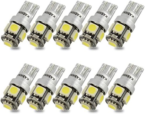 Kashine T10 W5W 194 LED Bulbs White Super Bright 168 501 2825 5 SMD 5050 Wedge LED Light Bulb Replacement for Car Interior Lamp Dome Map Parking License Plate Lights (Pack of 10)