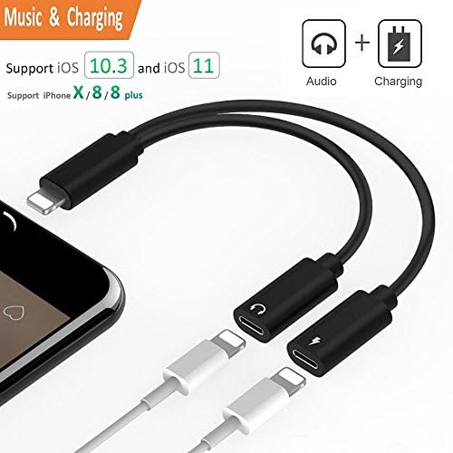 Lightning Jack Splitter for iPhone X, Dual Lightning Splitter Adapter Converter for iPhone 7/ 7 Plus/ 8/ 8Plus/ X, SKUFAFA 2 in 1 Dual Lightning Headphone Audio &amp; Charge Adapter Accessories