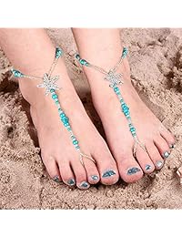 Yaomiao 2 pares de sandalias de playa descalzo bohemia tobillera sandalias de estrella de mar tobillo cadena de cuentas elástico pie joyas para mujer
