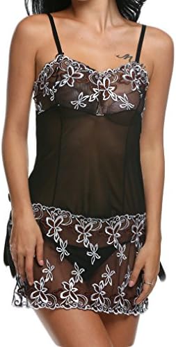 Locry Women's Lingerie Babydoll Spaghetti Straps Embroidery Camisoles Night Pijamas (M, Black)