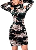 Elapsy Womens Sexy Long Sleeve Cold Shoulder Club Party Retro Floral Velvet Bodycon Dress