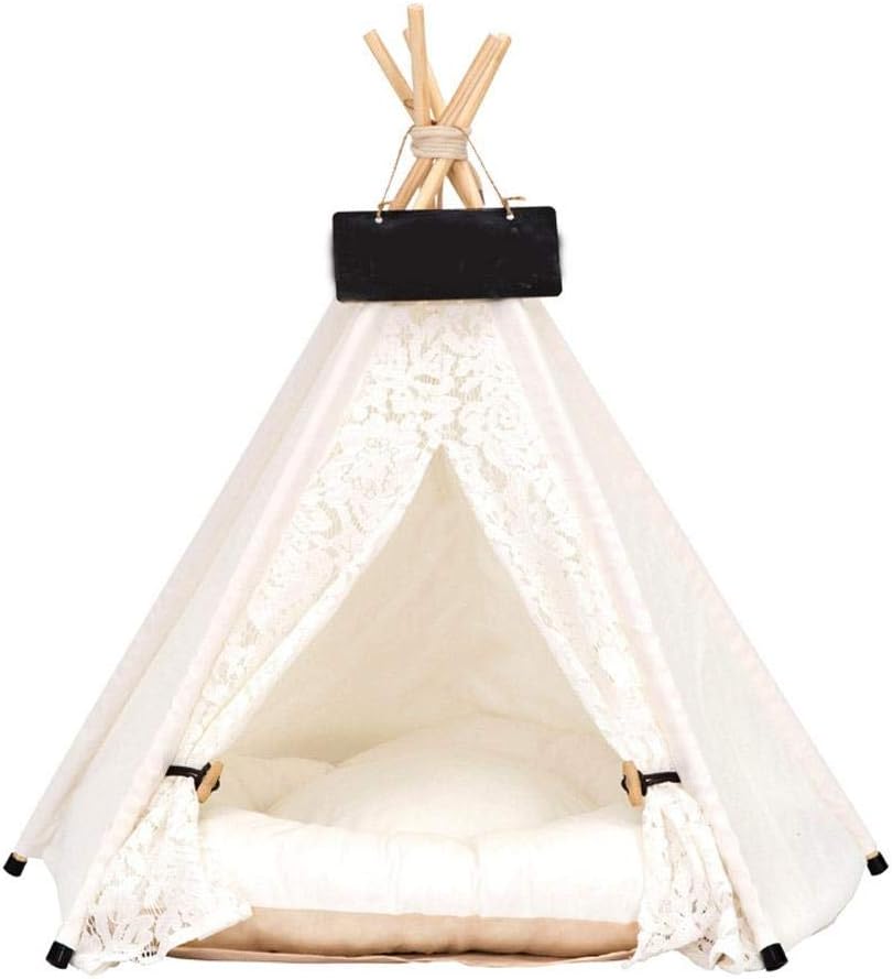 Zhuotop Lace Pet Tent Dog Bed Cat Tipi Kennels Removable Washable Pet Teepee Play House (With Cushion), Medium