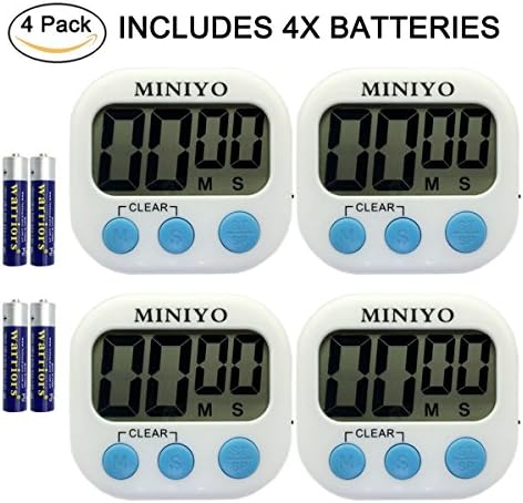 Kitchen Timer, MINIYO Digital Timer Clock, Loud Alarm, Magnetic Stand, Large LCD Display, Plus or Minus the Countdown (4 Pack, Battery Included)
