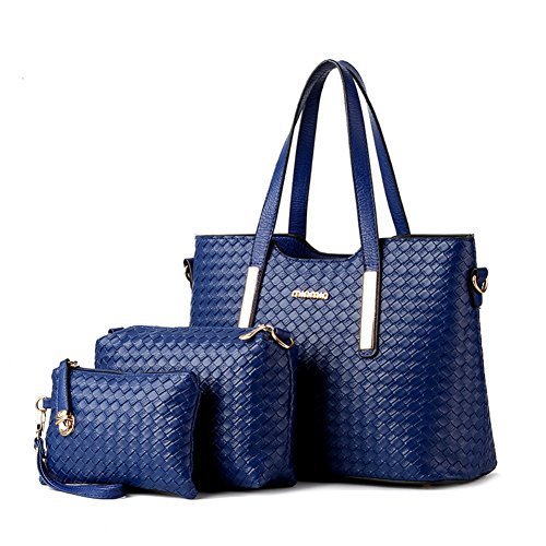 Women Pu Leather Weave Handbag Purse Bag Set 3 Pieces Tote Bag Set Shoulder Bags Big Capacity Cross Body Bag,Royal Blue SILI